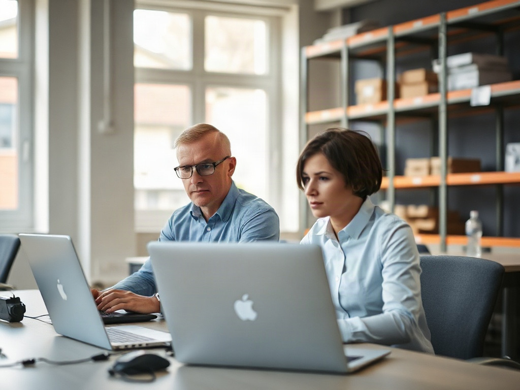 Documentary photo of an IT engineer sitting next to an office worker at a desk in a Polish manufacturing company office